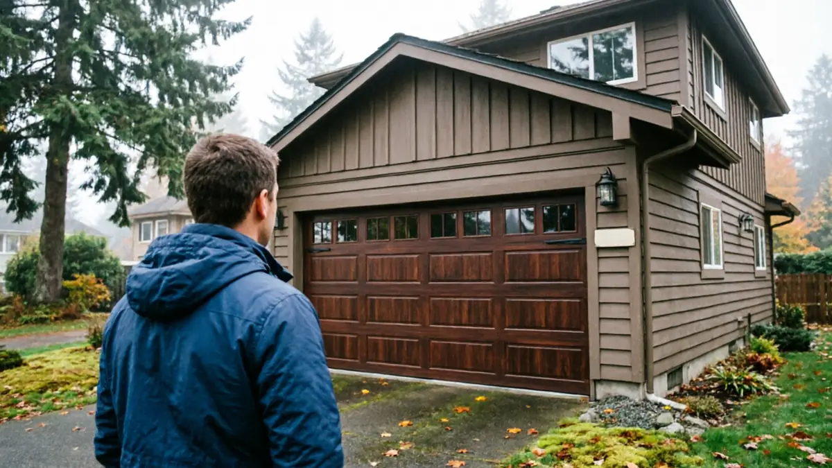 A person in a blue jacket looks at a brown garage door on a house.