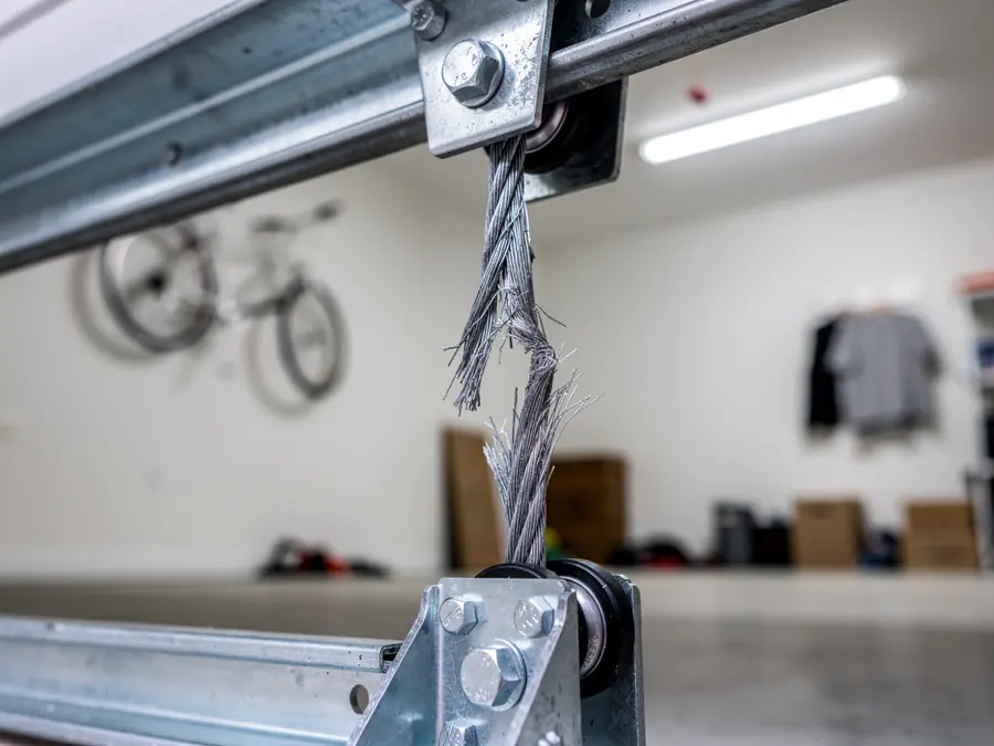 A frayed garage door cable is attached to a metal bracket.