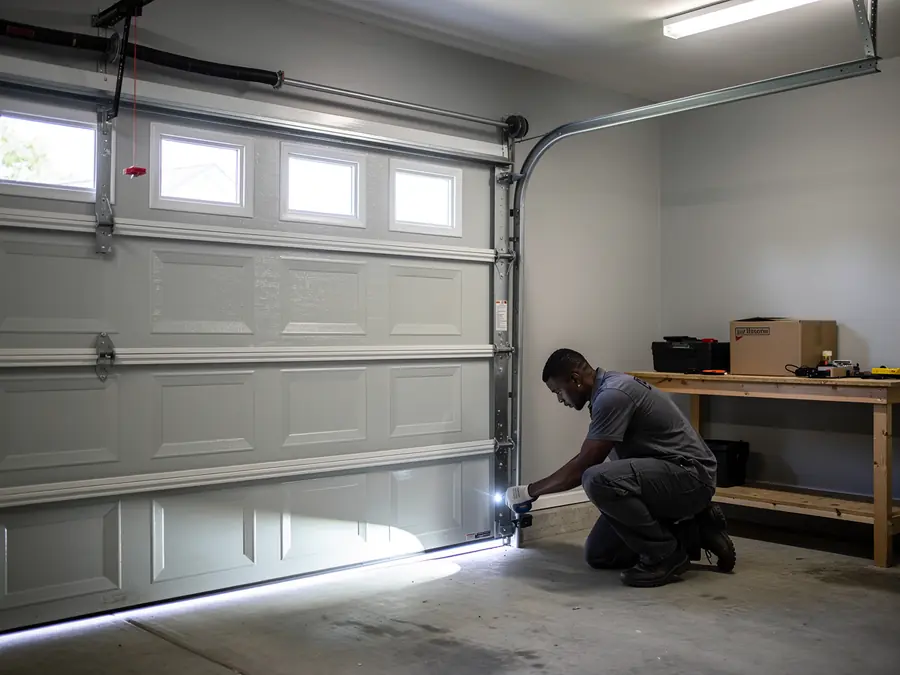 A technician kneels, shining a flashlight on the bottom of a gray garage door.
