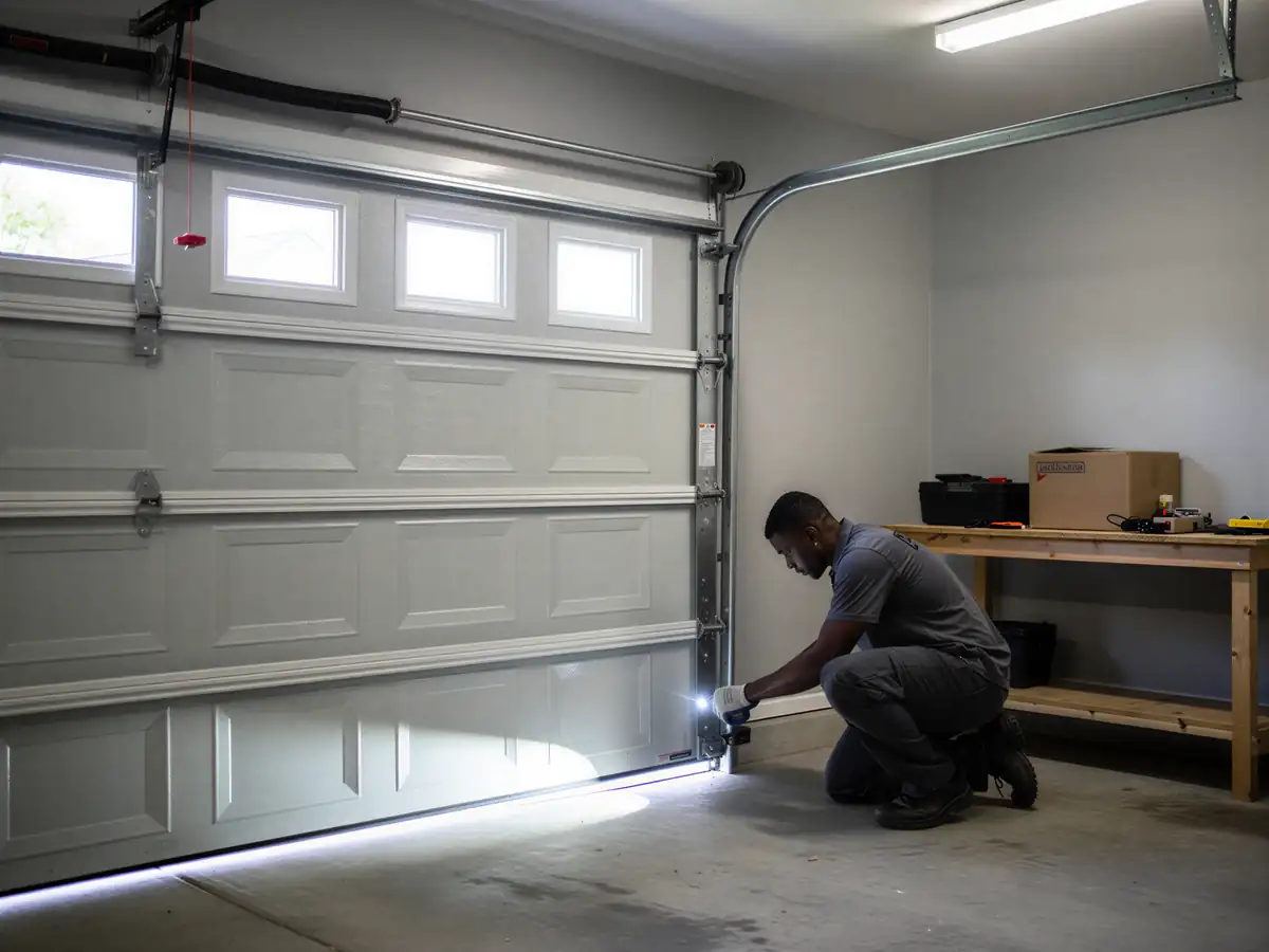 A technician kneels, shining a flashlight on the bottom of a gray garage door.