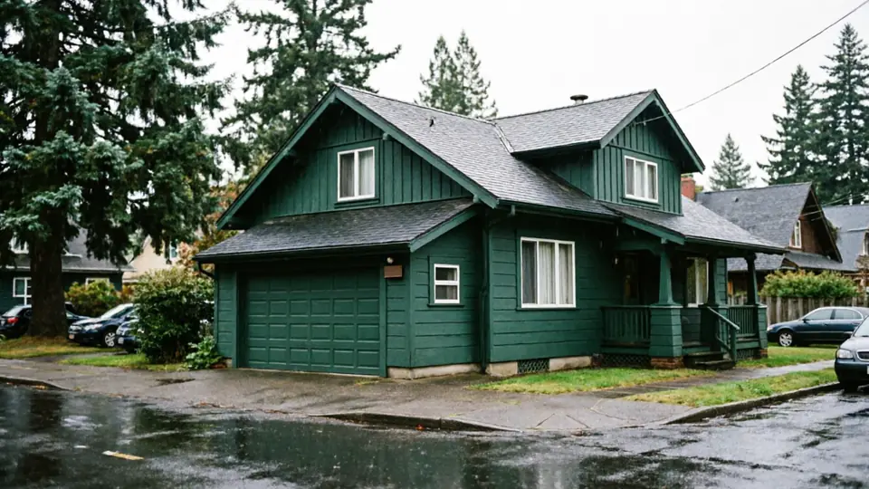 A dark green house with a matching garage door on a rainy day.