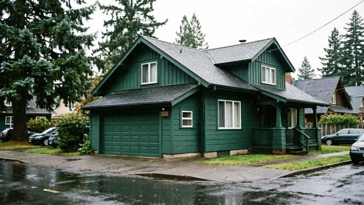 A dark green house with a matching garage door on a rainy day.
