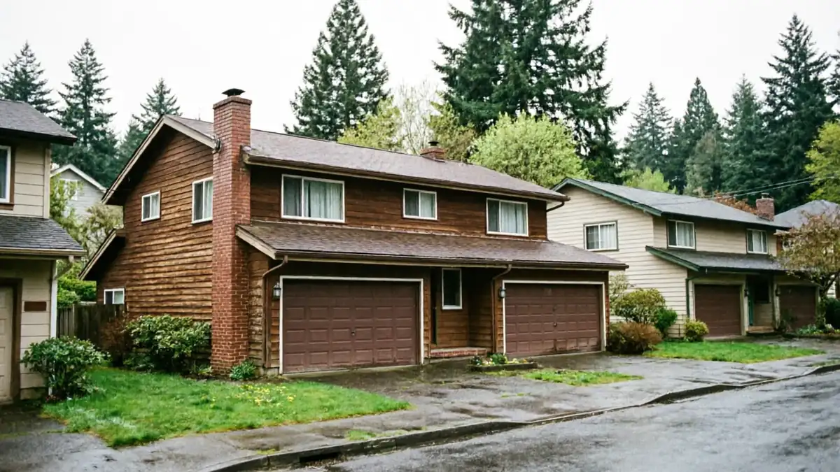 Two brown garage doors on a brown house with a brick chimney.