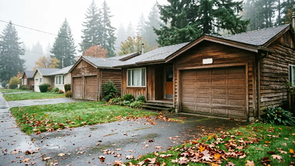 A row of houses with brown garage doors and autumn leaves on the ground.