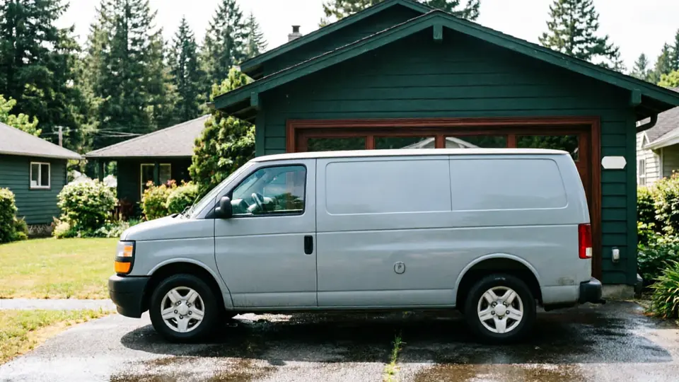 A gray service van is parked in a driveway in front of a dark green garage.