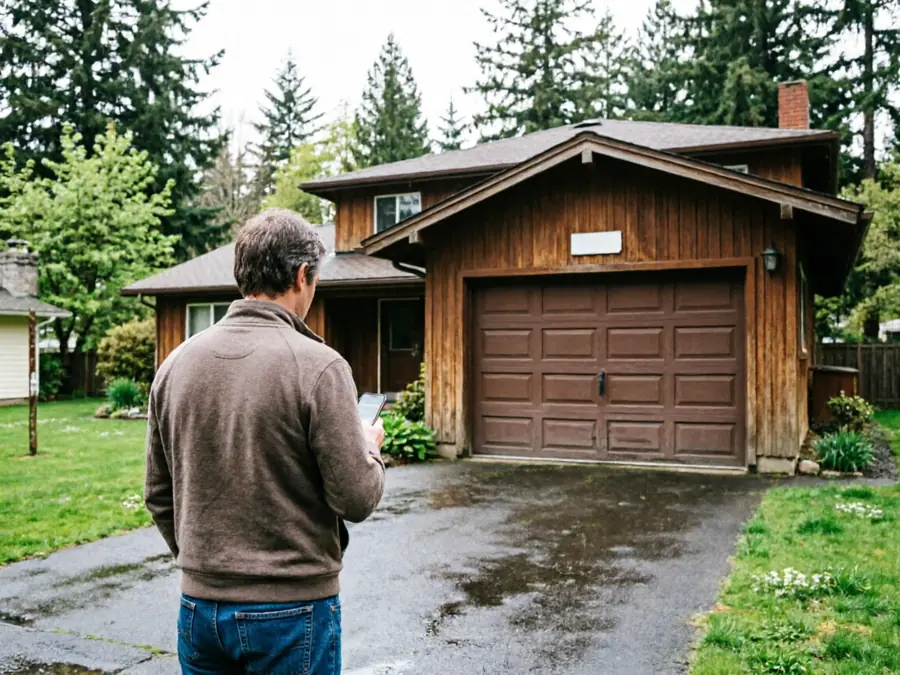 A man stands in a driveway looking at his phone in front of a house with a brown garage door.