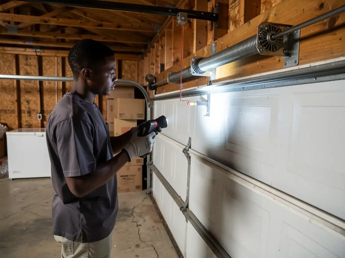 A technician shines a flashlight on a white garage door and torsion spring.