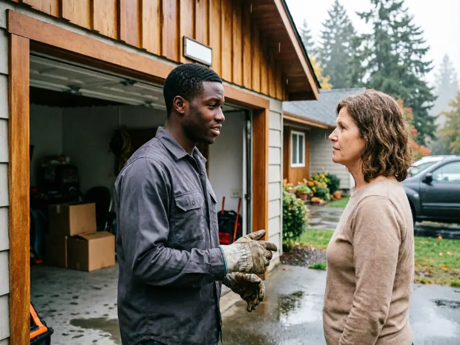 A technician in work gloves talks to a woman in front of a garage.