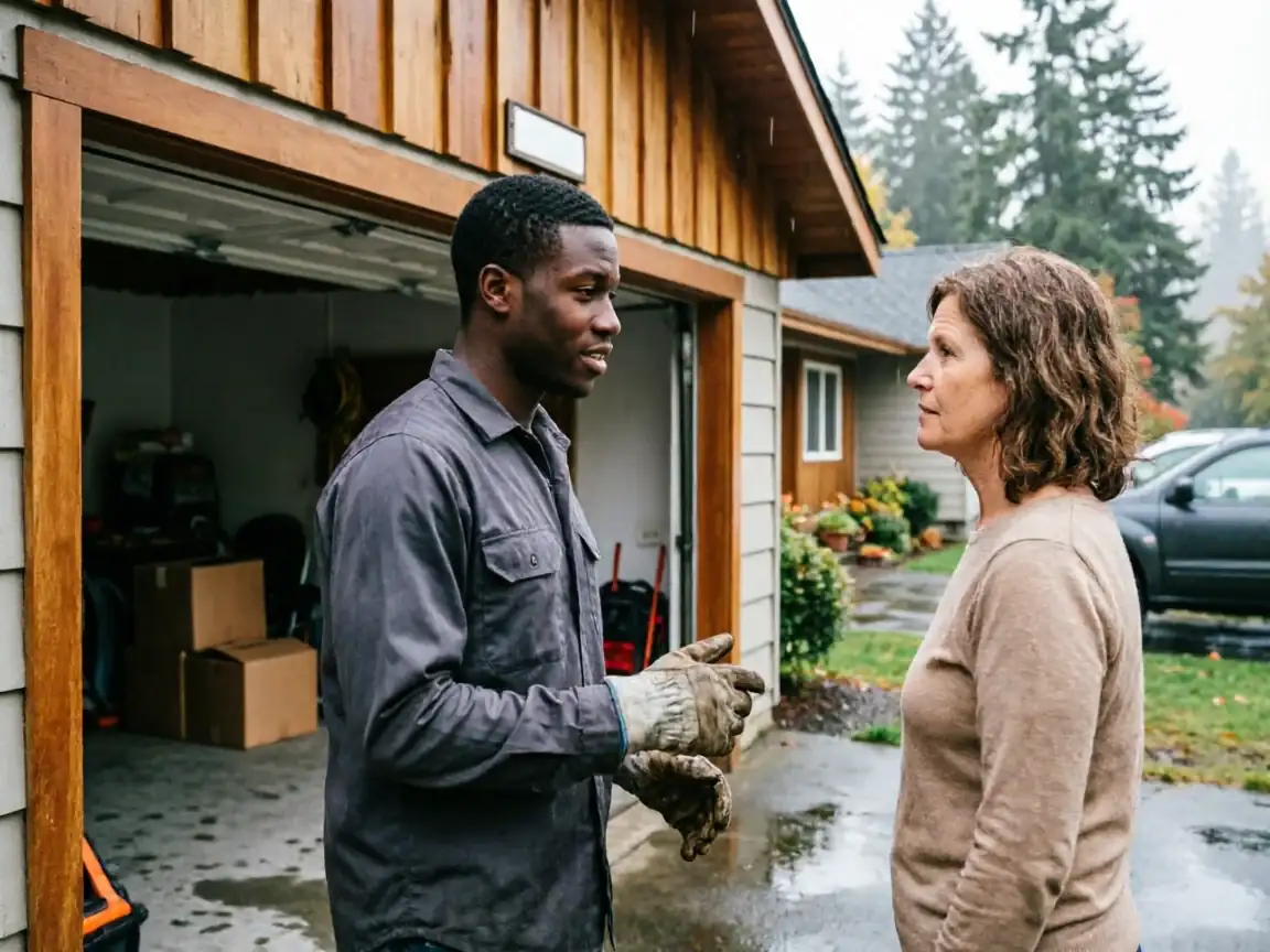 A technician in work gloves talks to a woman in front of a garage.