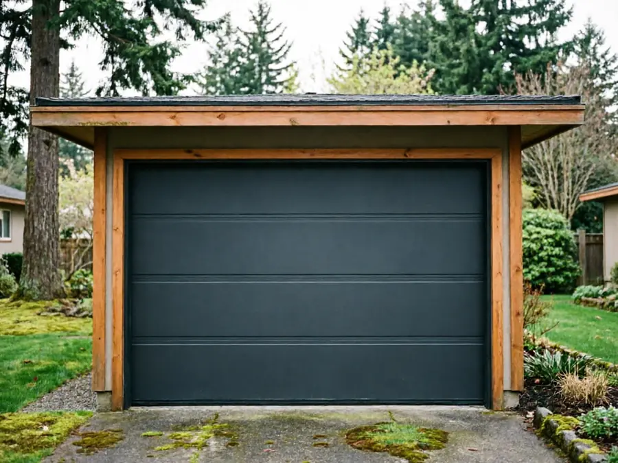 A dark gray garage door is set in a wooden frame.