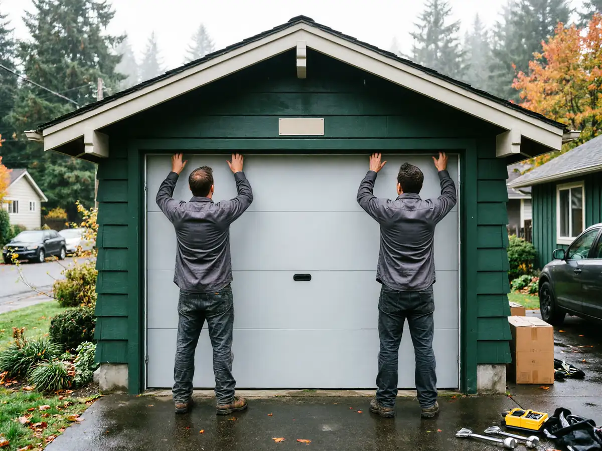 Two technicians install a new white garage door on a green garage.