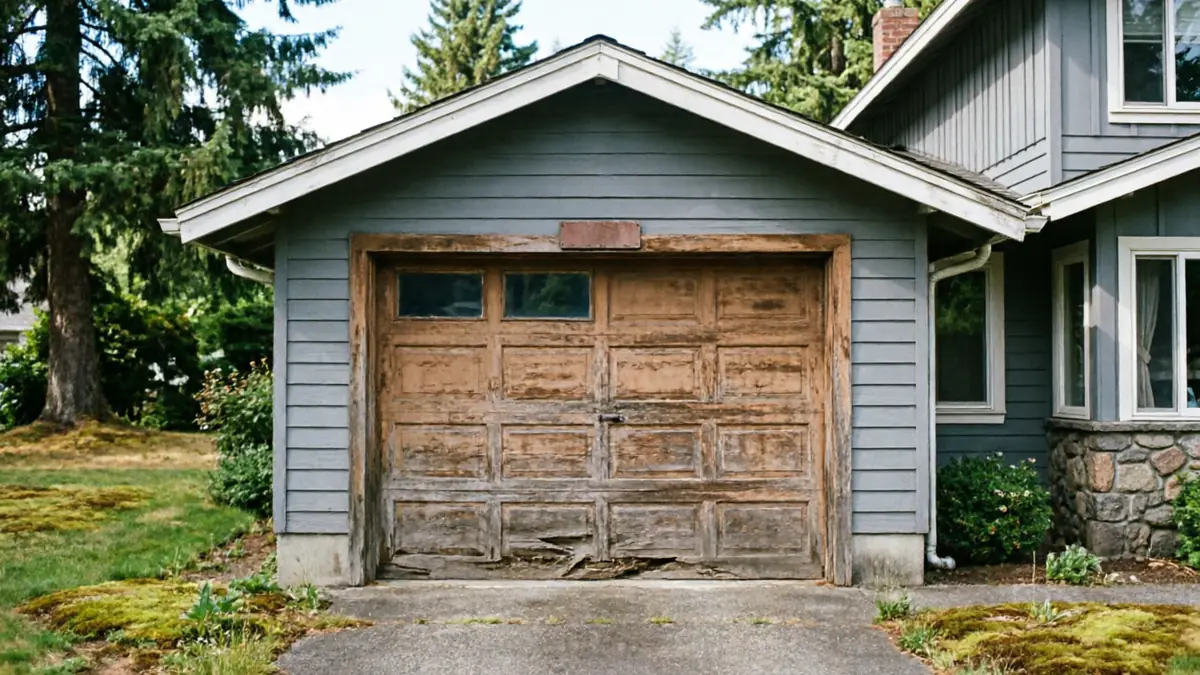 The garage door is old, wooden, and peeling, with a damaged bottom panel.