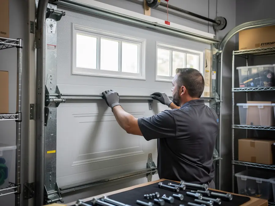 A technician in a gray shirt and gloves works on a white garage door.