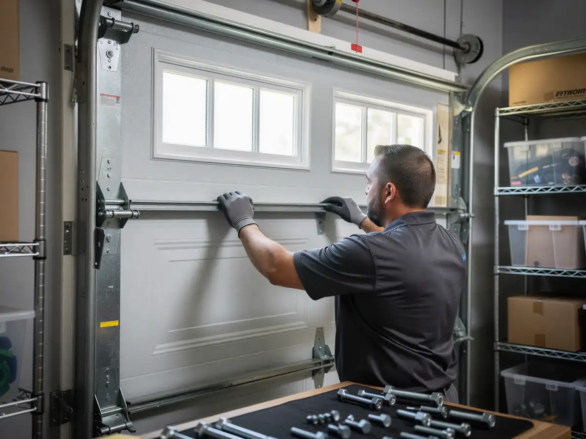 A technician in a gray shirt and gloves works on a white garage door.