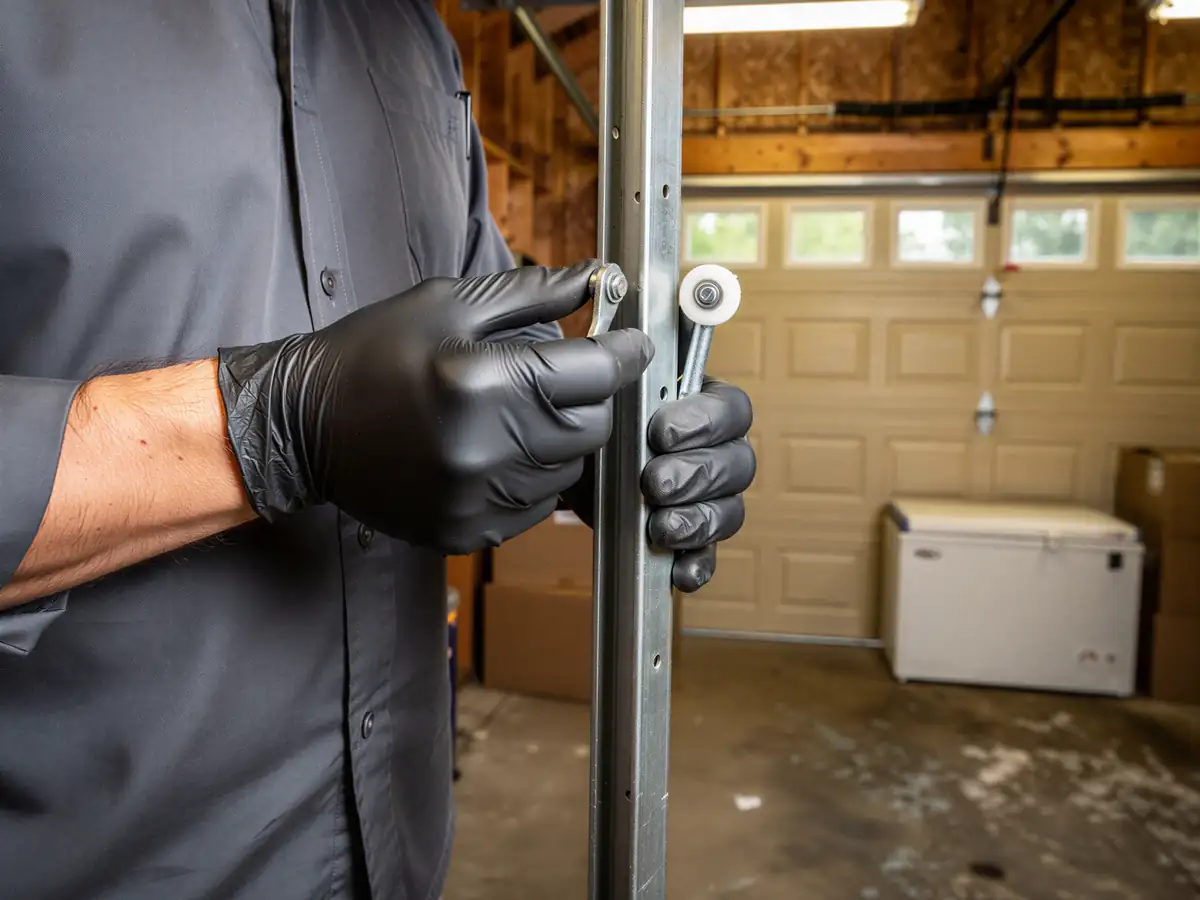 A technician in black gloves installs a garage door roller into a metal track.