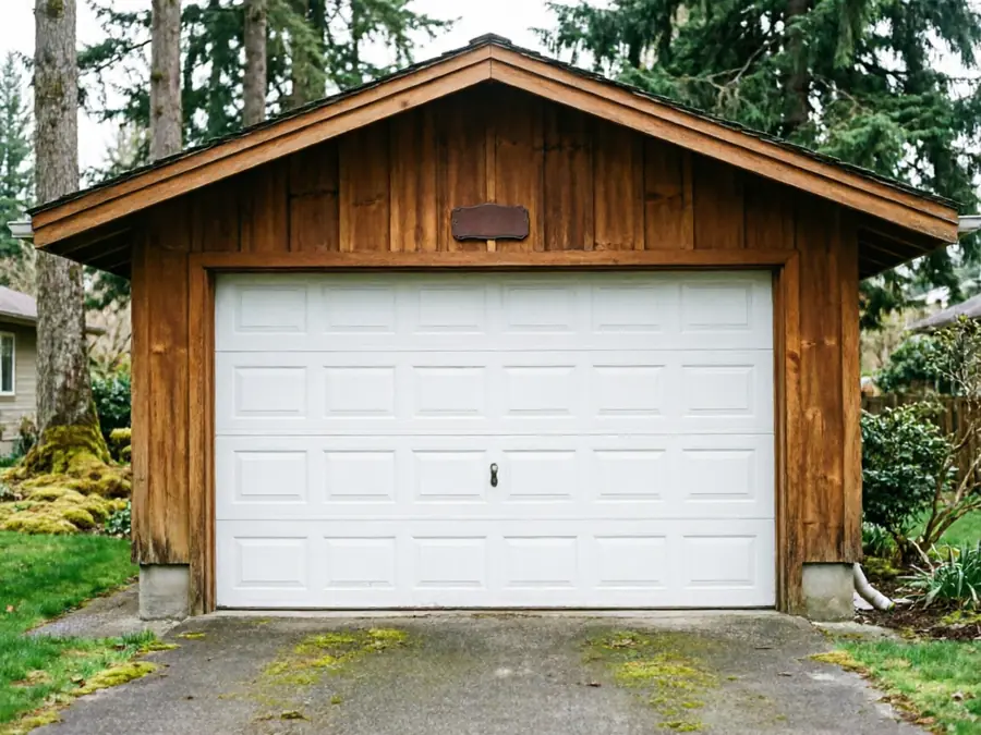 A white garage door is set into a wooden garage with a brown roof.