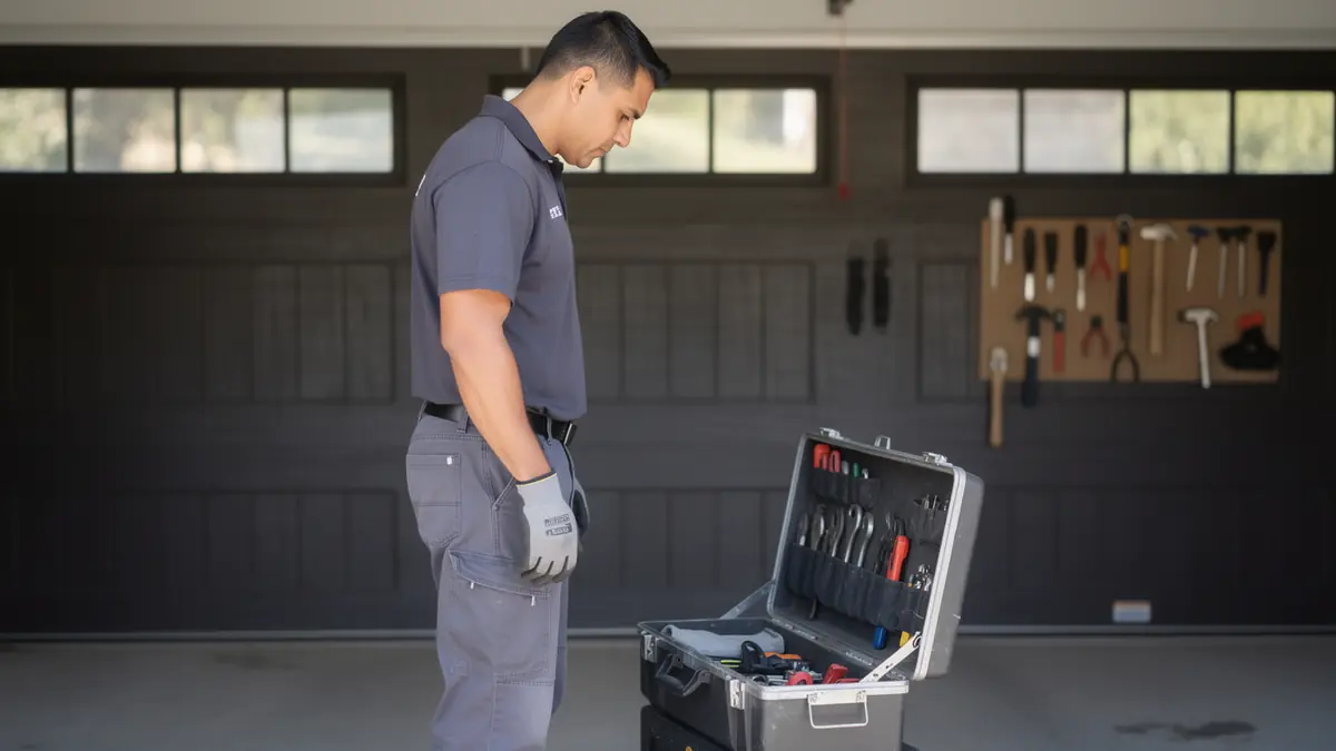 A technician looks into an open toolbox in a garage.