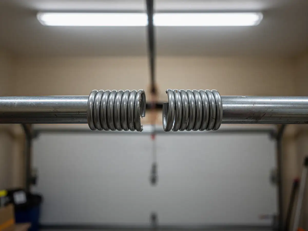 A broken torsion spring is on a metal rod in front of a white garage door.