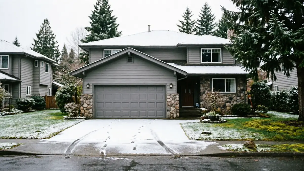 A gray house with a gray garage door and a snow-covered driveway.