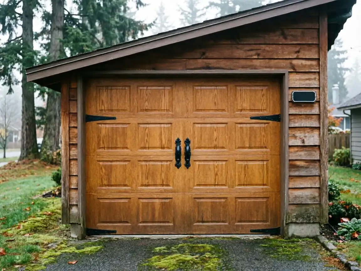 A wooden garage door with decorative black hardware is on a wooden shed.